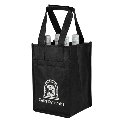 4 Bottle – Wine Tote, Black – Custom Print – Pack of 100 Cellar Dynamics